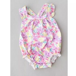 Summer Watercolor Ruffle Cross Back Romper – Soft & Stylish Baby Girl Outfit